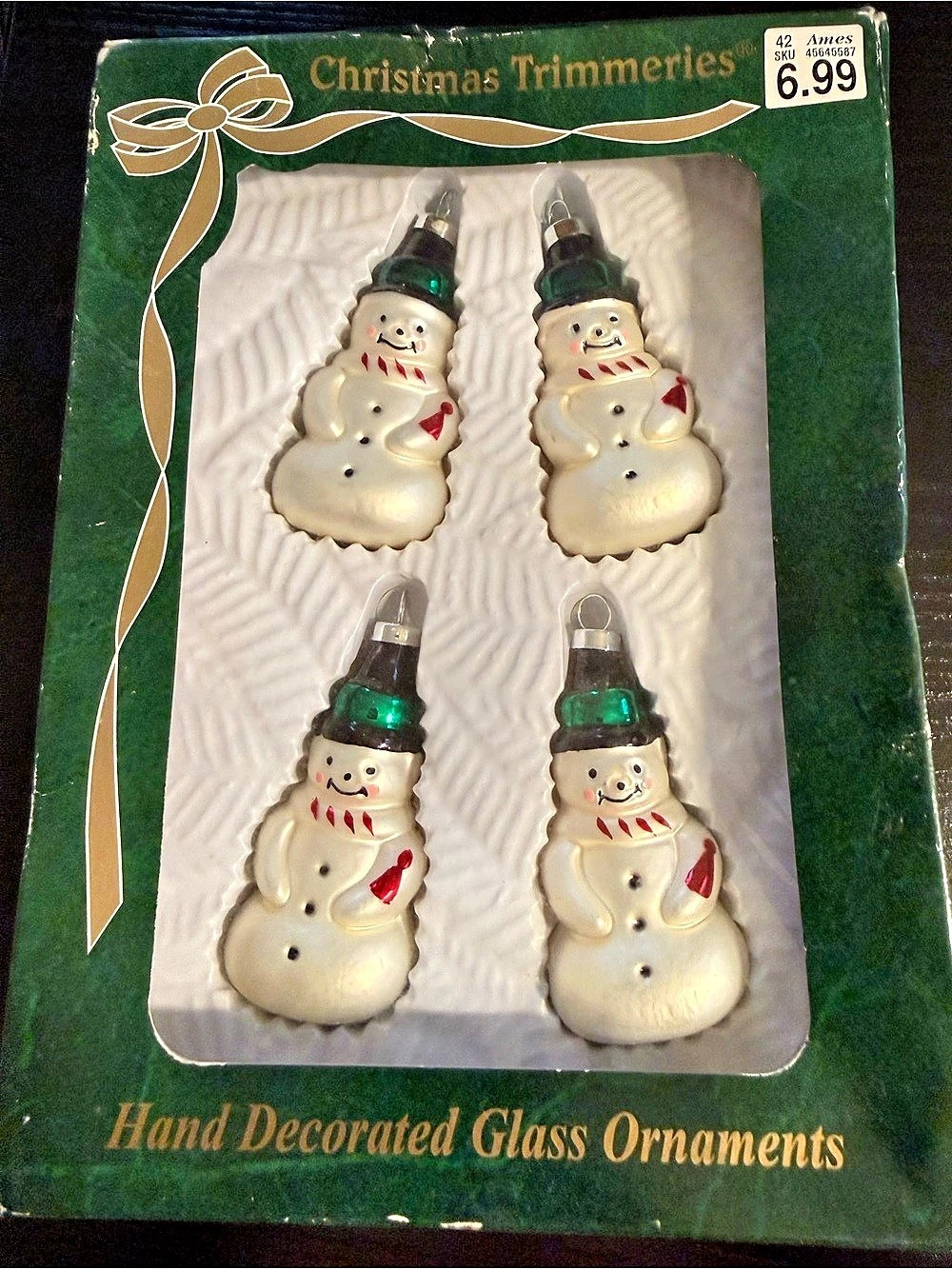 Vintage Bradford Christmas Trimmeries Hand Decorated Glass Ornaments Snowman
